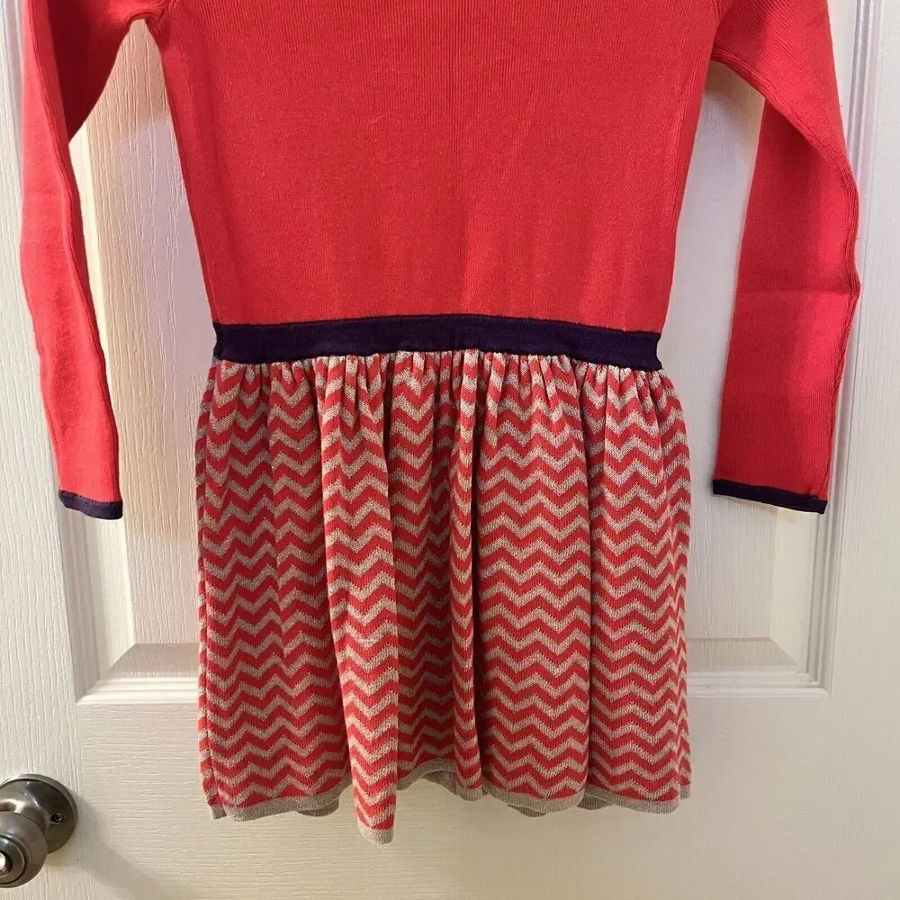 Mini Boden Long Sleeve Peter Pan Collar Sweater Dress Chevron Girls Size 5-6